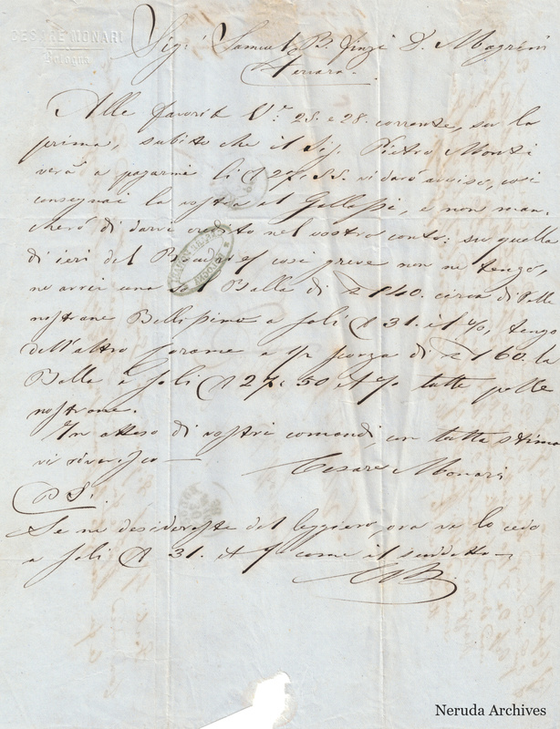 NRA-L-000714 image 2 showing the incoming Italian letter from Cesare Monari in Bologna, with the handwritten signature and business text.