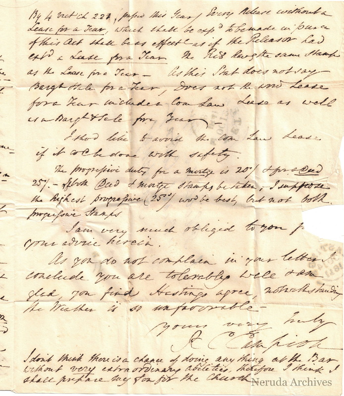 NRA-L-000027 image 4 showing page 3 and the postscript of R. C. Campion's letter concerning property conveyancing, stamp duty and his son's career.