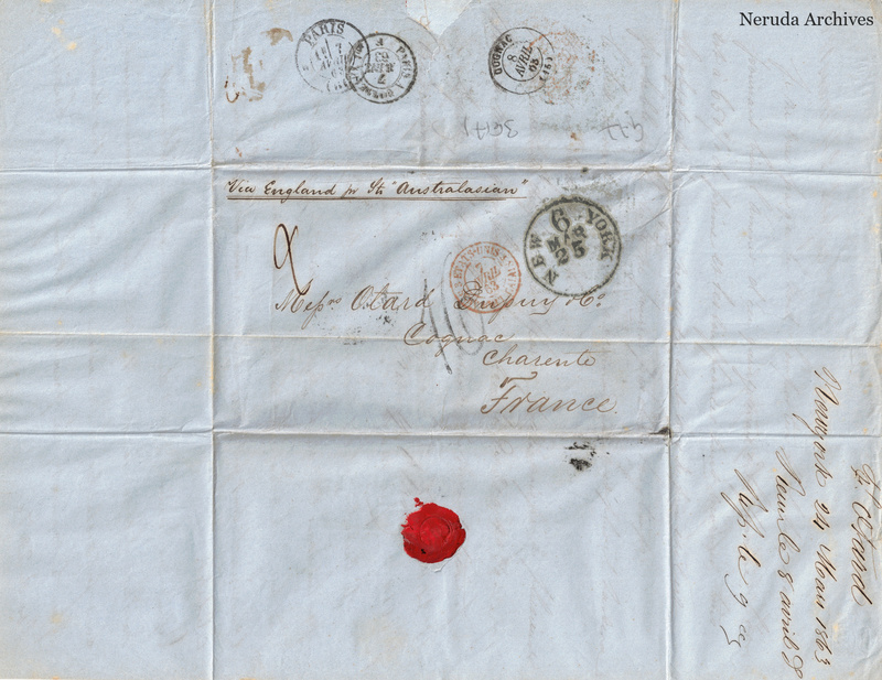 NRA-L-000412 image 1 showing a folded address panel to Otard Dupuy & Co in Cognac, routed via England, with postal marks, a red wax seal and manuscript docketing.