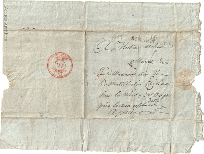 NRA-L-000009 image 1 showing the address panel and postal marks for Pichot's letter to Monsieur Murat in Paris.