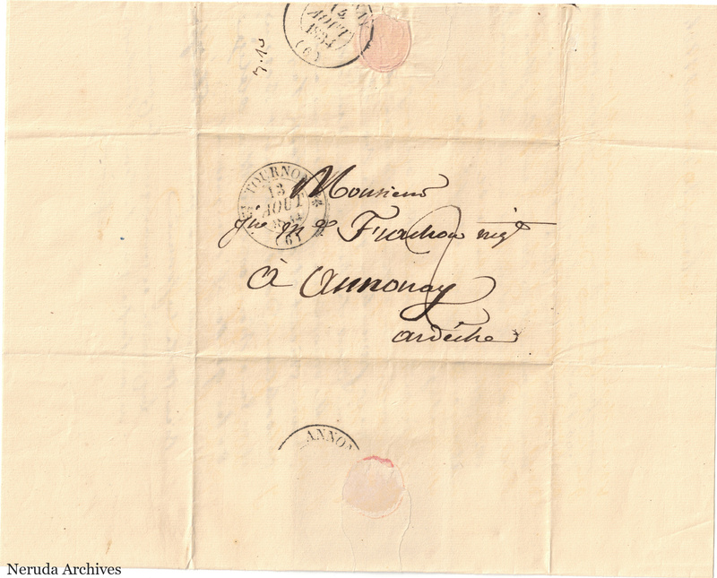 NRA-L-000522 image 1 showing a folded address panel to a Frachon correspondent with postal marks, routing notes, seals and visible folds.