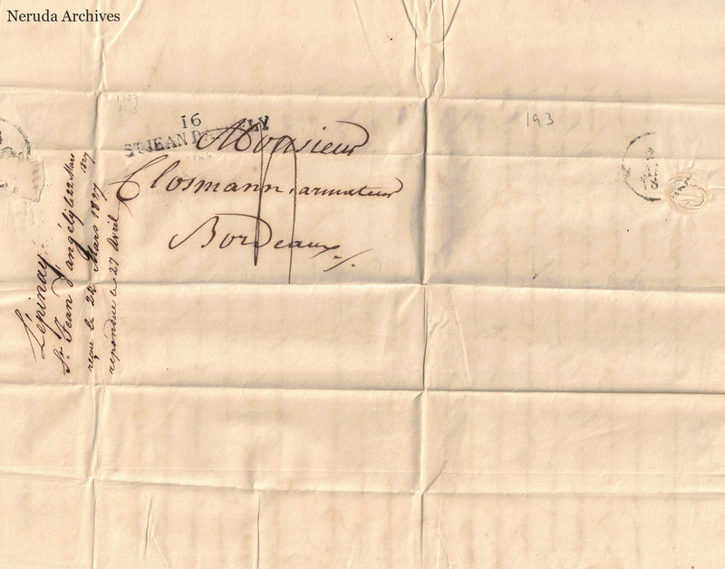 NRA-L-000408 image 1 showing a folded address panel to a pharmacist in Bordeaux, with postal impressions and manuscript docketing.