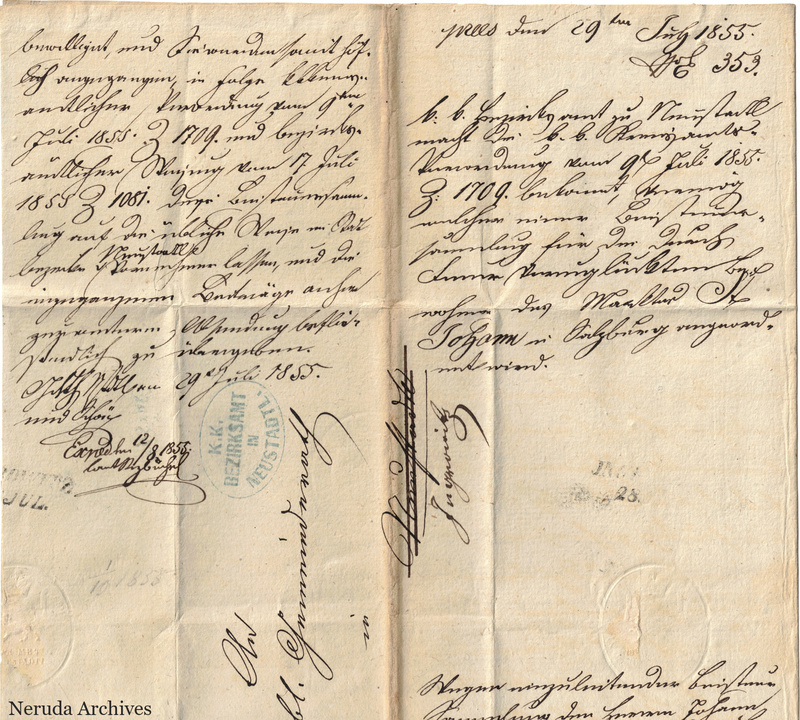 NRA-L-000047 image 7 showing the upper section of a docket-rich folded sheet with German manuscript notes, stamps and address evidence.
