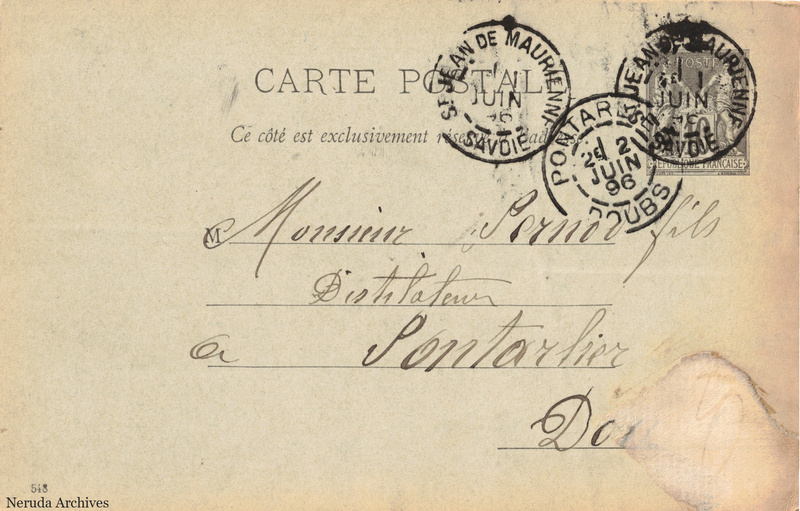 NRA-L-000297 image 1 showing the address side of a postcard sent by Olimpio Villéadi to Pernod Fils, with contemporary postal and business marks.