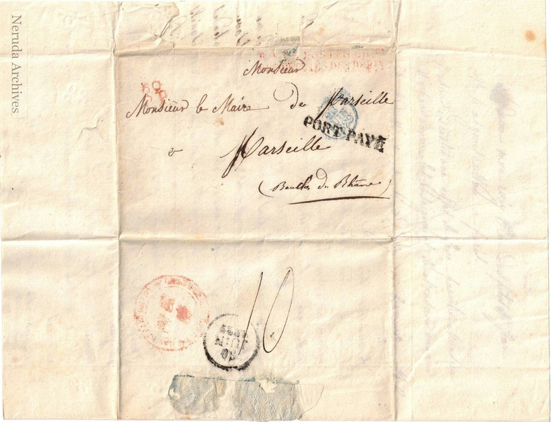 NRA-L-000007 image 1 showing the address panel, postal marks and exterior annotations of Madame Monroiy's 1829 letter to the Mayor of Marseille.