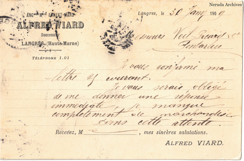NRA-L-000216 image 2 showing the handwritten message from Alfred Viard to Veil-Picard & Cie, with contemporary annotations and the sender's signature or business mark.