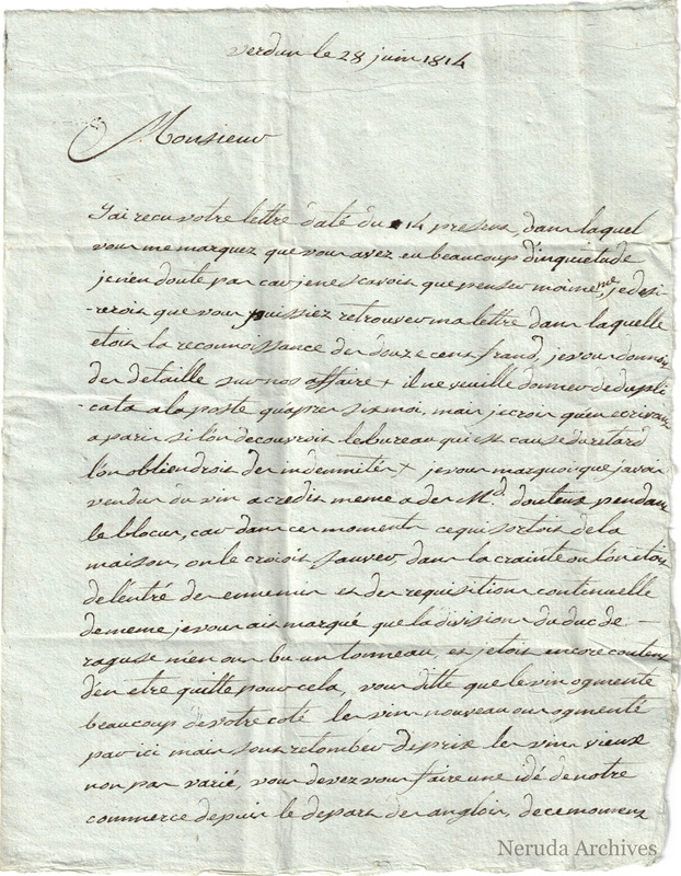NRA-L-000033 image 2 showing page 1 of Dieudonnez's French letter from Verdun, dated 28 June 1814.