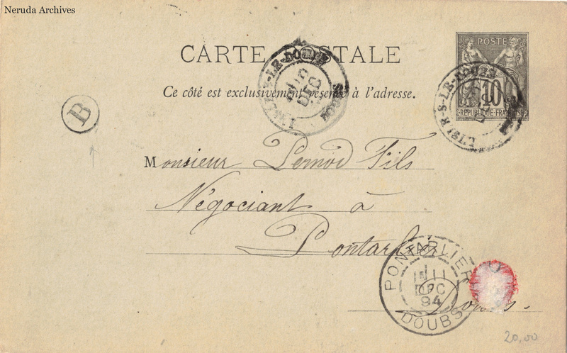 NRA-L-000376 image 1 showing the complete address side of the postcard, with the recipient address, postage, postmarks and contemporary business or filing marks.