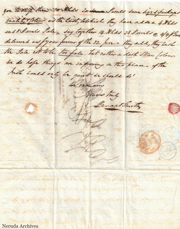 NRA-L-000405 image 4 showing the concluding page of an English commercial letter with closing signature, red seal, postal marks, folds and a small paper loss.
