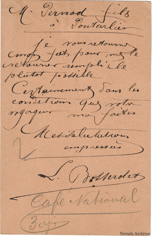 NRA-L-000248 image 2 showing the handwritten message from L. Basserot, Café National to Pernod Fils, with contemporary annotations and the sender's signature or business mark.