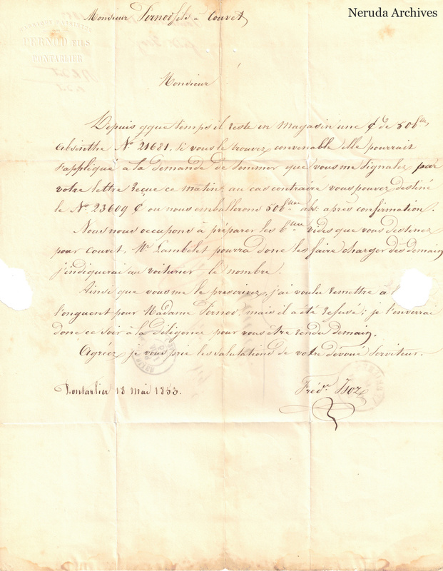 NRA-L-000624 image 1 showing the embossed Pernod fils heading and handwritten Pontarlier letter dated 18 May 1853, with physical holes in the sheet.