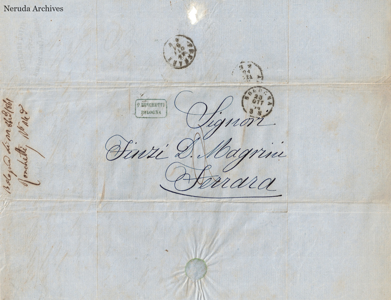 NRA-L-000741 image 1 showing the folded delivery address to Finzi D. Magrini in Ferrara, with postal marks and a handwritten filing docket.