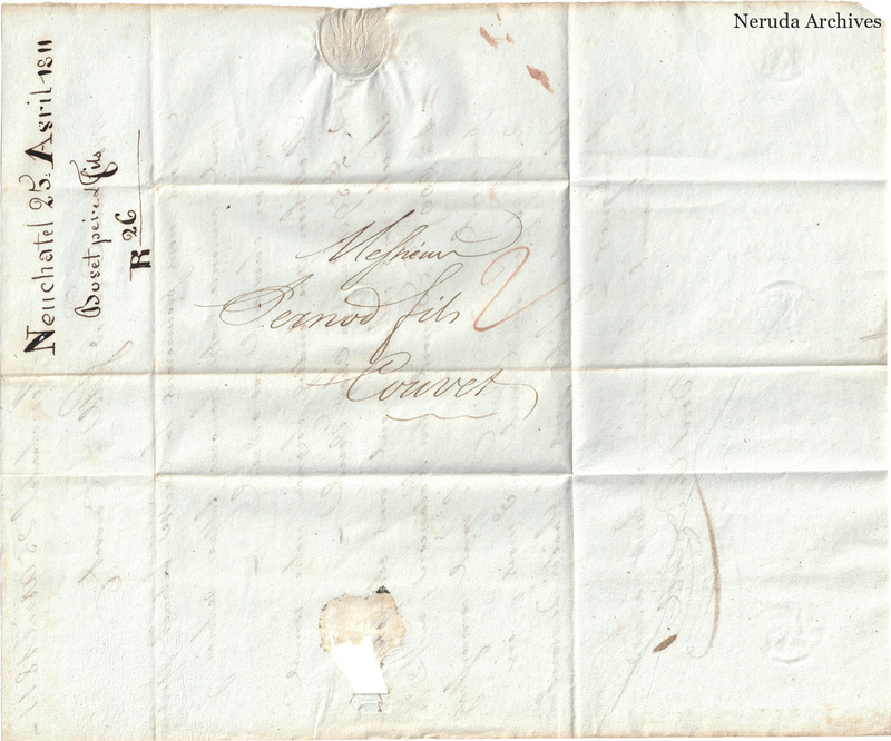 NRA-L-000089 image 1 showing address panel and postal evidence for letter from Bovet Père & Fils to Pernod fils concerning extract and remittances, April 25, 1811.