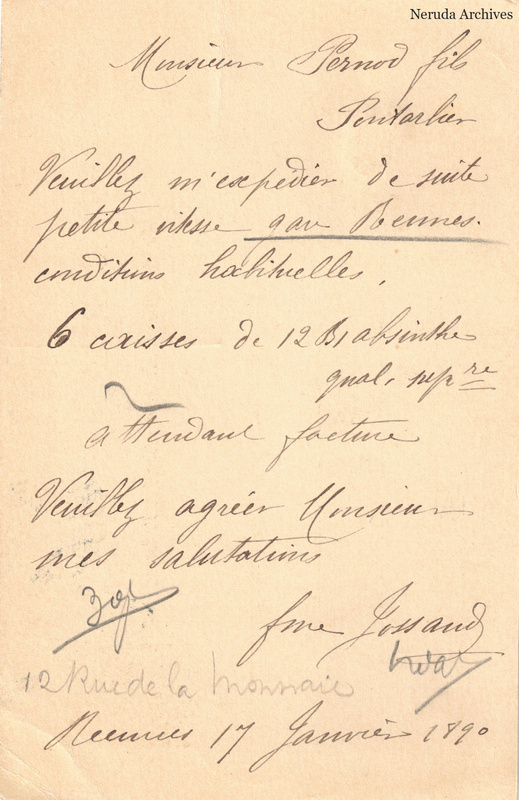 NRA-L-000225 image 2 showing the handwritten message from L. Jossand to Pernod Fils, with contemporary annotations and the sender's signature or business mark.