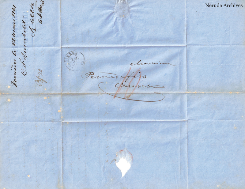 NRA-L-000117 image 1 showing the folded blue-paper address panel to Pernod fils in Couvet with a circular postmark, receiver docketing, seal remnant and an interior paper loss.