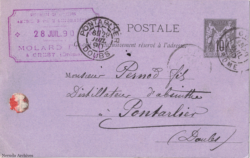NRA-L-000351 image 1 showing the complete address side of the postcard, with the recipient address, postage, postmarks and contemporary business or filing marks.