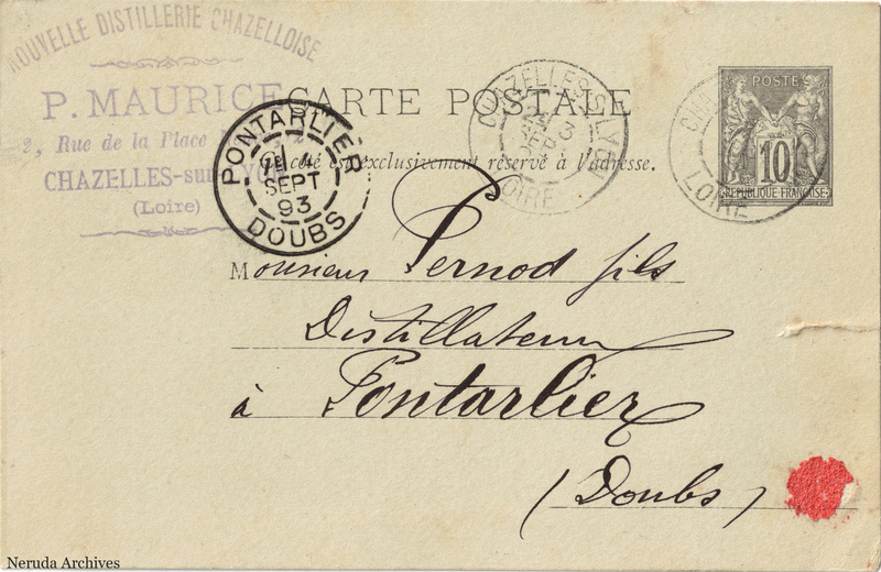 NRA-L-000195 image 1 showing the address side of a postcard sent by P. Maurice to Pernod Fils, with contemporary postal and business marks.