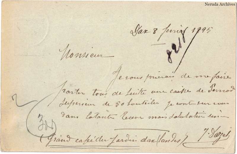 NRA-L-000242 image 2 showing the handwritten message from J. Dazet, Grand Café du Jardin to Pernod Fils, with contemporary annotations and the sender's signature or business mark.