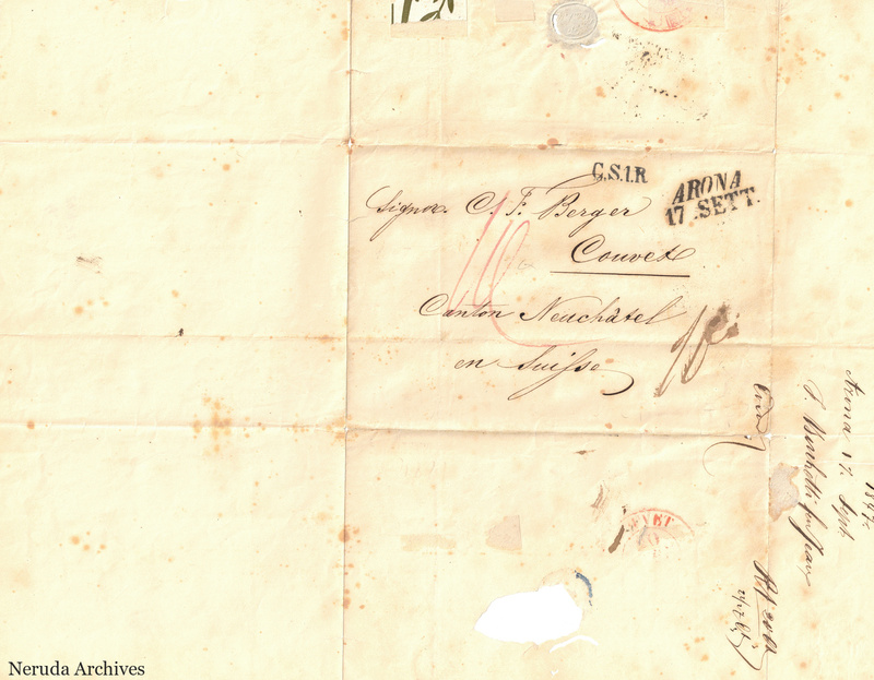 NRA-L-000126 image 1 showing the folded address panel to C. J. Berger in Couvet with Arona transit marking, manuscript rate, receiver docketing, seal evidence and a lower paper loss.