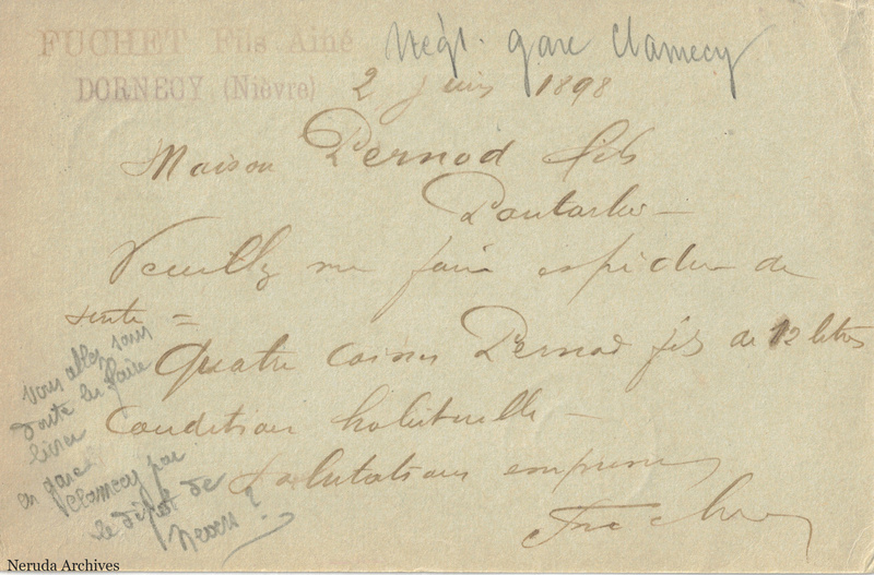 NRA-L-000266 image 2 showing the handwritten message from Fuchet Fils Aîné to Pernod Fils, with contemporary annotations and the sender's signature or business mark.