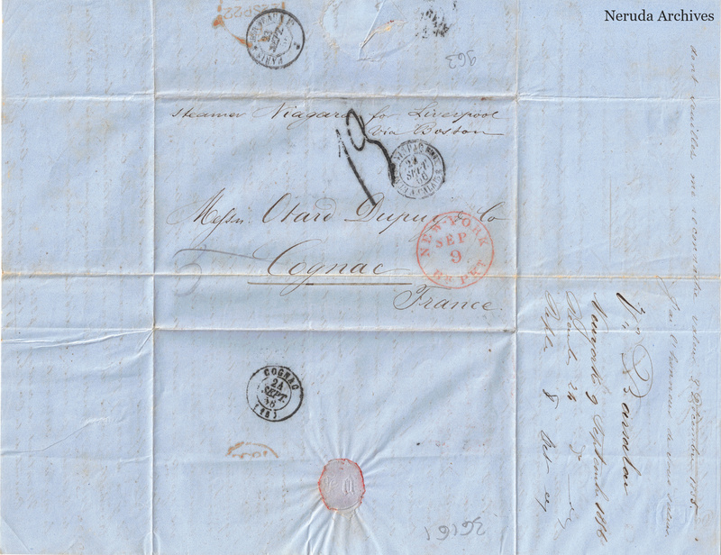 NRA-L-000407 image 1 showing a folded address panel to Otard Dupuy & Co in Cognac, with transit marks, a pale sealing remnant and manuscript docketing.
