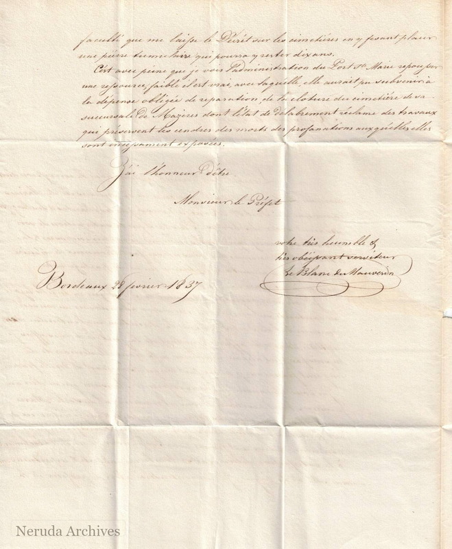 NRA-L-000010 image 3 showing the second page, closing and signature of Le Blanc de Mauvesin's 1837 letter.
