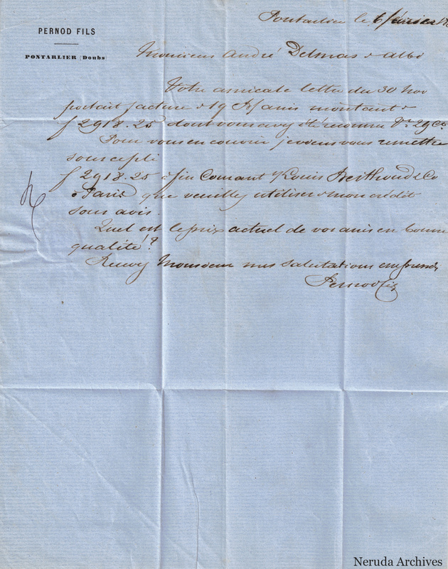 NRA-L-000125 image 2 showing a handwritten commercial letter on Pernod fils letterhead with dated heading, financial figures, signature and folds.