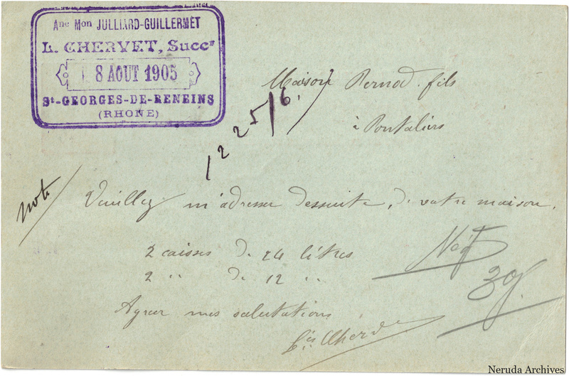 NRA-L-000208 image 2 showing the handwritten message from L. Chervet to Pernod Fils, with contemporary annotations and the sender's signature or business mark.