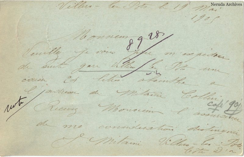 NRA-L-000214 image 2 showing the handwritten message from J. Mitaine to Pernod Fils, with contemporary annotations and the sender's signature or business mark.