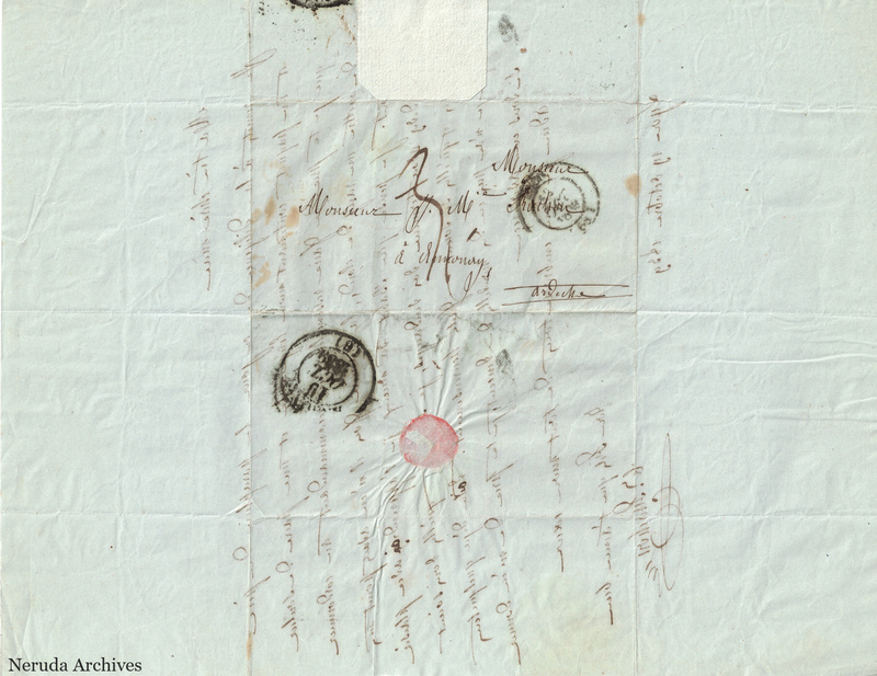 NRA-L-000544 image 1 showing a folded address panel to a Frachon correspondent with postal marks, routing notes, seals, folds and retained annotations.