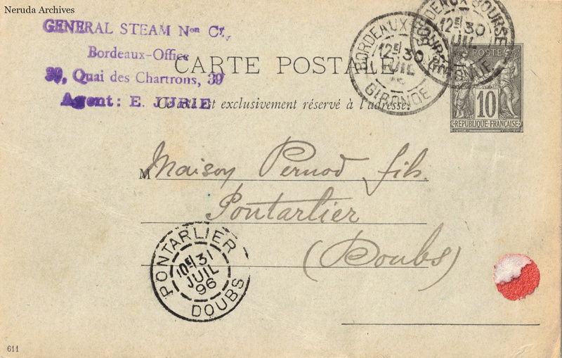 NRA-L-000345 image 1 showing the address side of a postcard sent by E. Jurie, General Steam Navigation Co. to Pernod Fils, with contemporary postal and business marks.