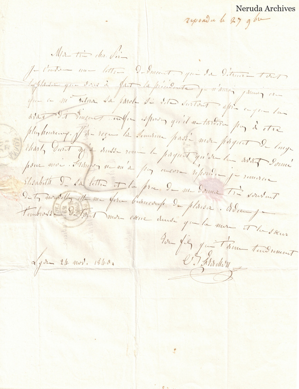 NRA-L-000540 image 2 showing a handwritten French letter continuation with closing, signature, later notes, folds and paper edges.