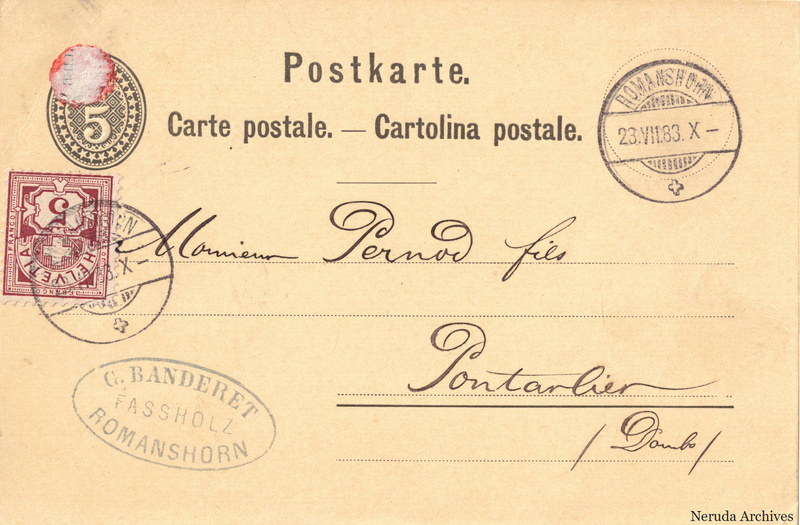 NRA-L-000203 image 1 showing the address side of a postcard sent by G. Banderet to Pernod Fils, with contemporary postal and business marks.