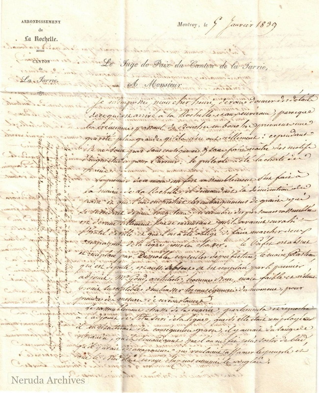NRA-L-000006 image 2 showing the first page of Guigne's letter from Montroy, dated 5 January 1839, with a marginal note.