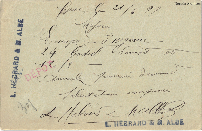 NRA-L-000231 image 2 showing the handwritten message from L. Hébrard & M. Albe to Veil-Picard & Cie, with contemporary annotations and the sender's signature or business mark.