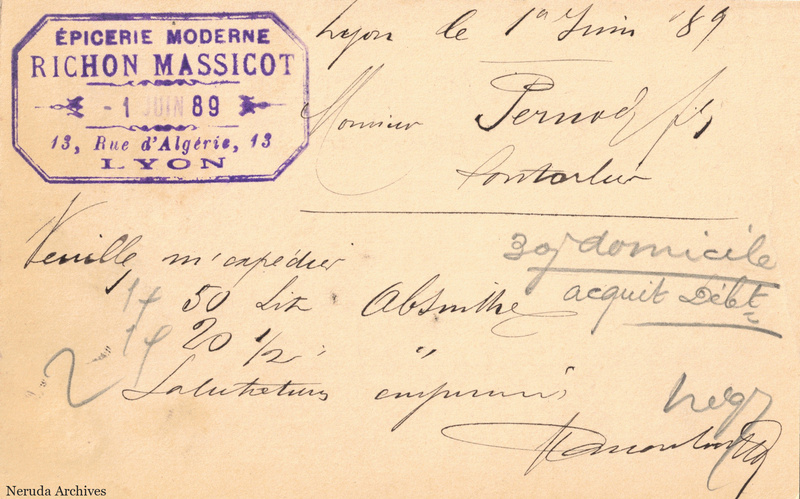 NRA-L-000334 image 2 showing the handwritten message from Richon Massicot to Pernod Fils, with contemporary annotations and the sender's signature or business mark.