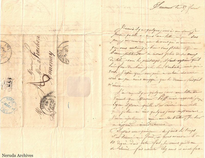 NRA-L-000561 image 1 showing a folded French letter combining manuscript text, address panel, postal marks, seals, folds and retained annotations.
