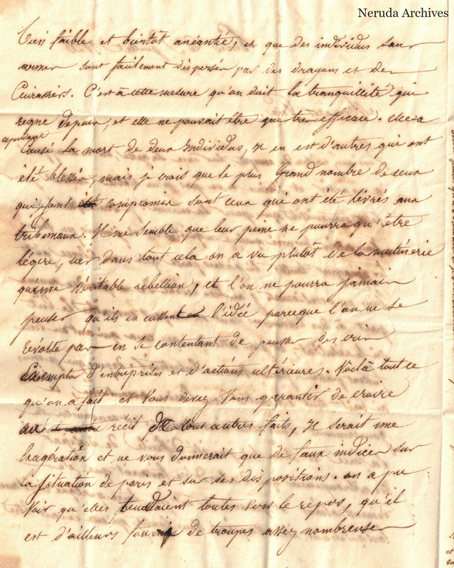 NRA-L-000150 image 3 showing the next page of the French manuscript letter with dense cursive text, corrections, marginal writing and fold lines.