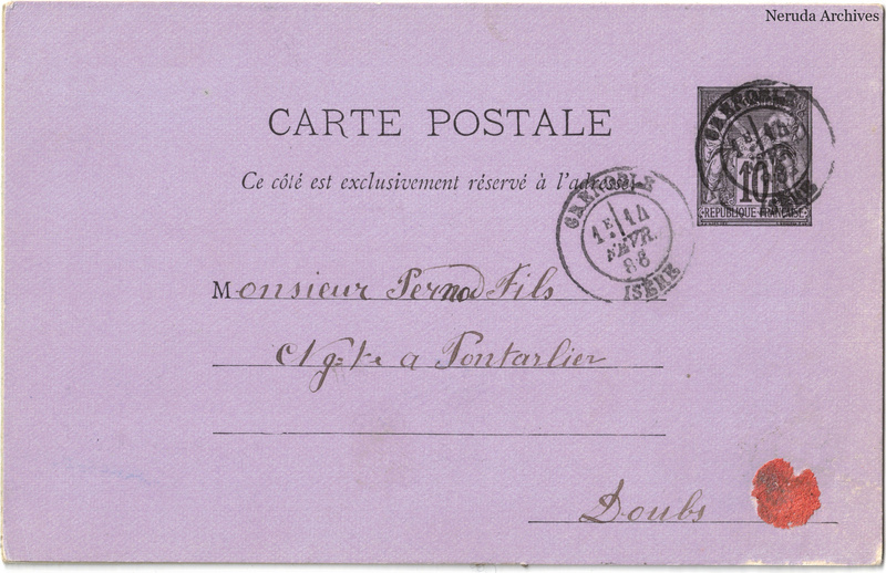 NRA-L-000280 image 1 showing the address side of a postcard sent by J. Coynel to Pernod Fils, with contemporary postal and business marks.
