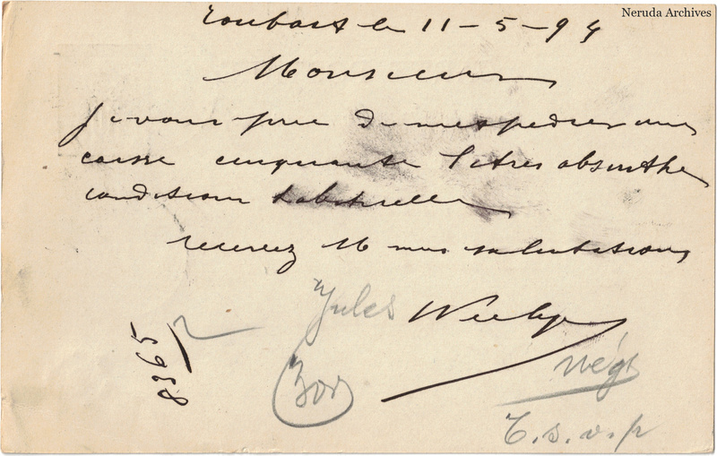 NRA-L-000253 image 2 showing the handwritten message from Jules Verleye to Pernod Fils, with contemporary annotations and the sender's signature or business mark.