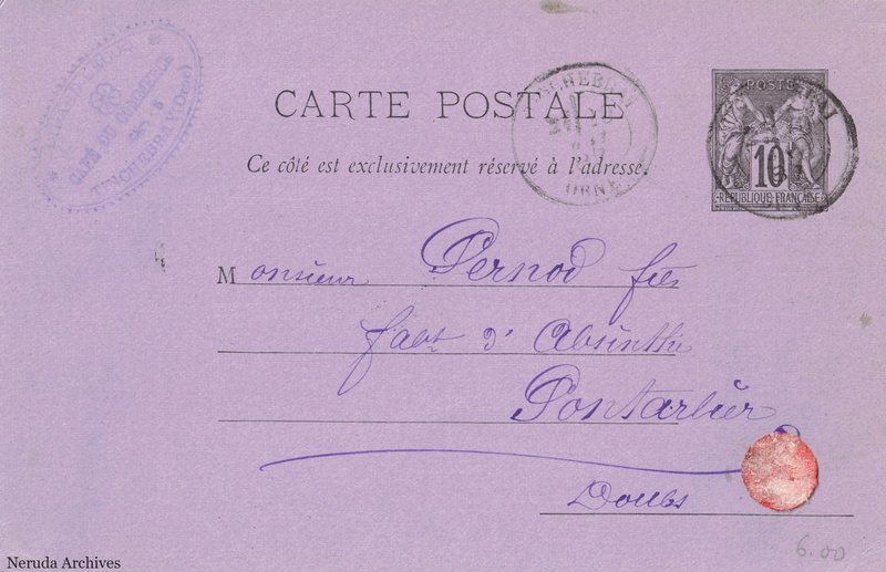 NRA-L-000179 image 1 showing the postcard address panel to Pernod fils in Pontarlier, with postage stamp, postmarks and the sender's business mark.