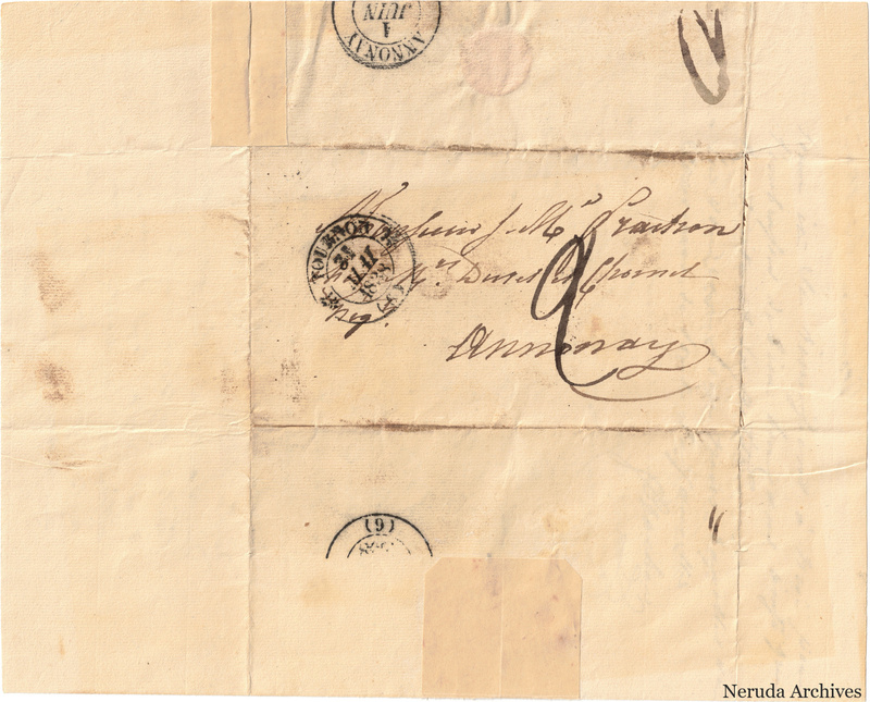 NRA-L-000530 image 1 showing a folded address panel to a Frachon correspondent with postal marks, routing notes, seals and visible folds.