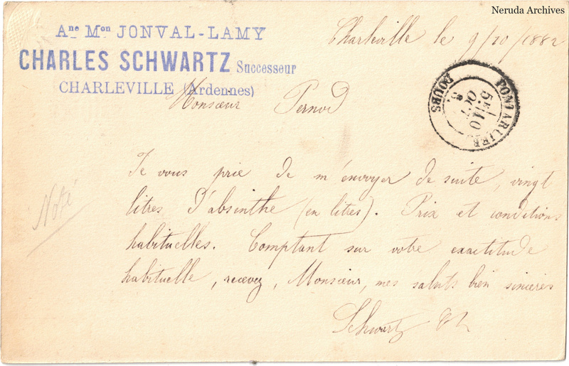 NRA-L-000346 image 2 showing the handwritten message from Charles Schwartz to Pernod Fils, with contemporary annotations and the sender's signature or business mark.