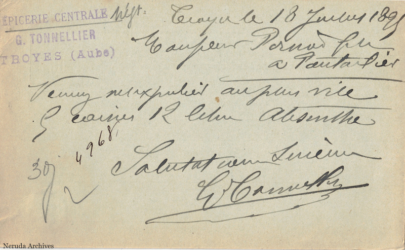 NRA-L-000227 image 2 showing the handwritten message from G. Tonnellier to Pernod Fils, with contemporary annotations and the sender's signature or business mark.