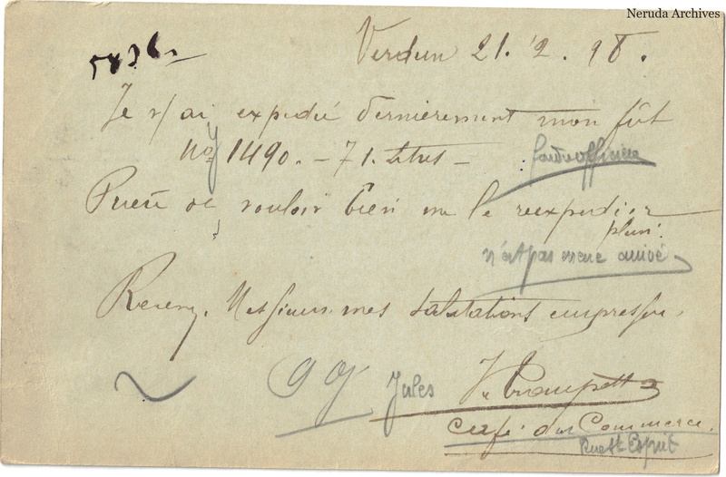NRA-L-000237 image 2 showing the handwritten message from Jules Trompette, Café du Commerce to Pernod Fils, with contemporary annotations and the sender's signature or business mark.