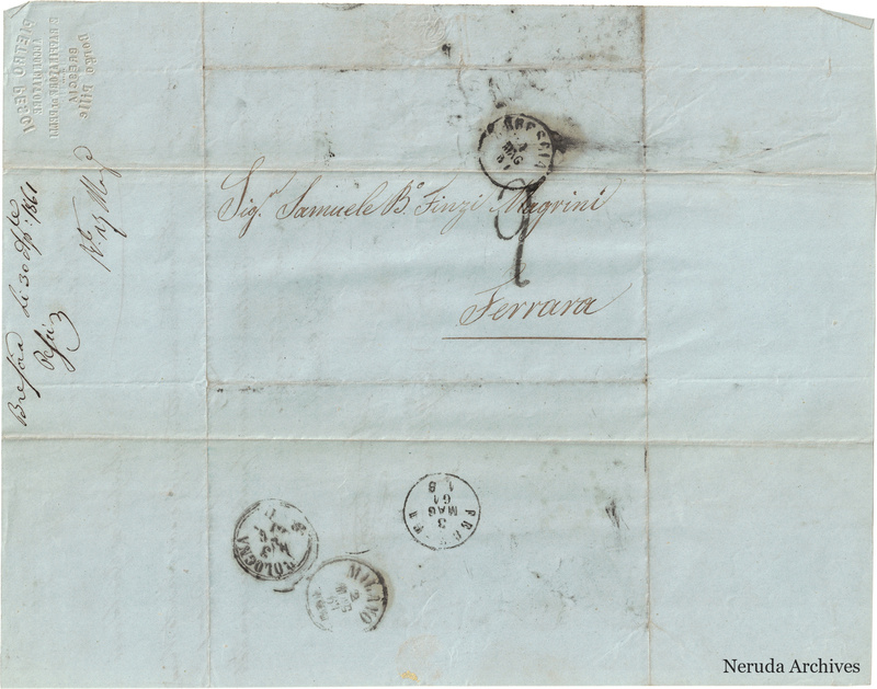 NRA-L-000720 image 1 showing the folded address panel to Samuel Finzi called Magrini in Ferrara, Brescia postal evidence.