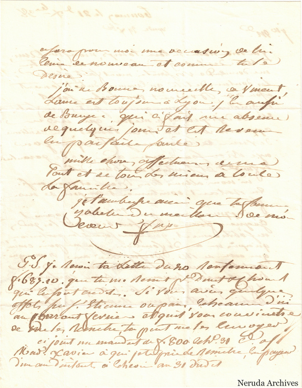 NRA-L-000533 image 3 showing a handwritten French letter continuation with closing, signature, later notes, folds and paper edges.