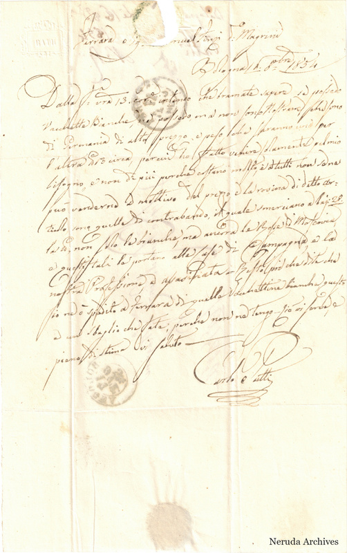 NRA-L-000737 image 2 showing a letter from Carlo [Gatti?], dated 1854-10-16 in Bologna, with its original handwritten heading and signature.