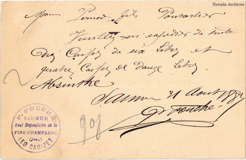 NRA-L-000285 image 2 showing the handwritten message from P. Fouché to Pernod Fils, with contemporary annotations and the sender's signature or business mark.
