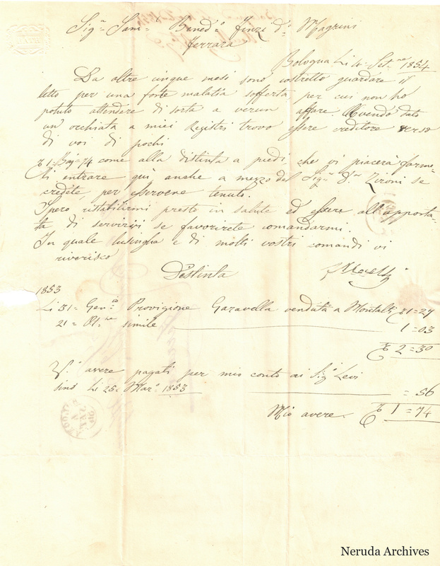 NRA-L-000705 image 2 showing the incoming letter and its contemporary account in the Bologna letter of 4 September1854.